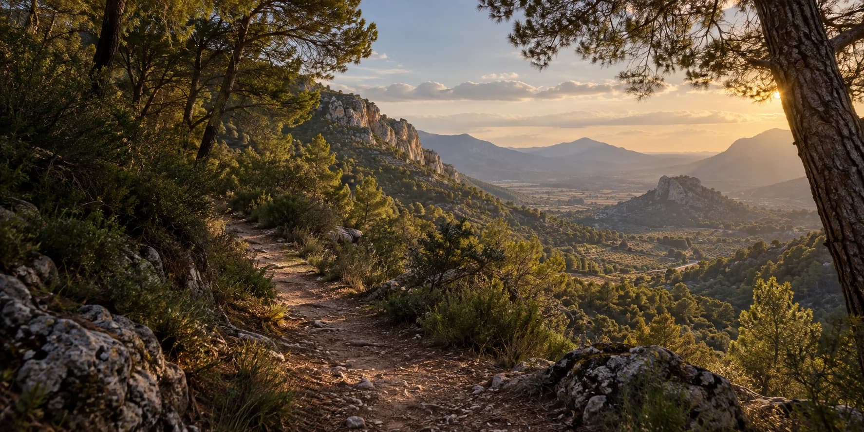 Un sendero entre pinos y un valle mediterráneo